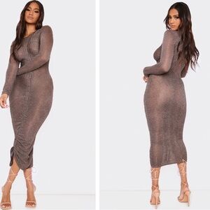 PrettyLittleThing Chocolate Textured Ruched Long Sleeve Midi Dress